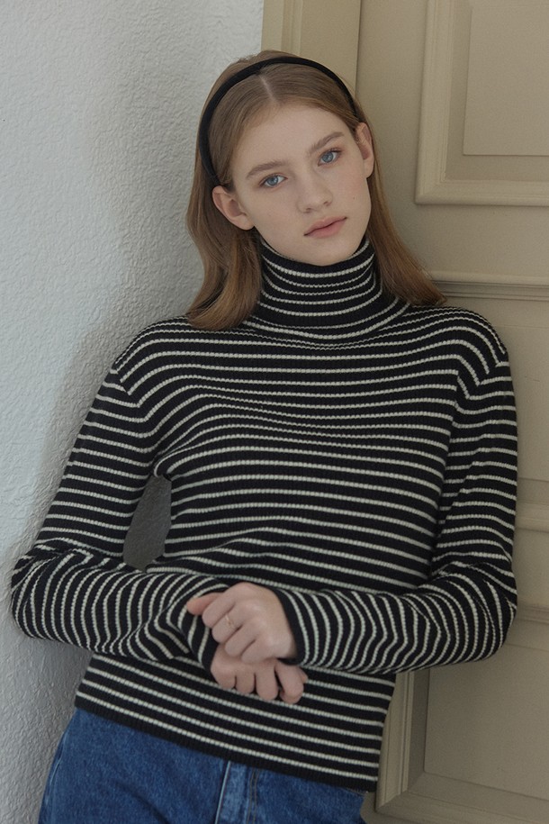 NONLOCAL - 스웨터 - Cashmere Stripe Turtleneck Knit - Black