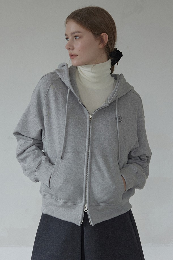 NONLOCAL - 긴팔티셔츠 / 후디 - Emblem Logo Hood Zip-Up - Melange Grey