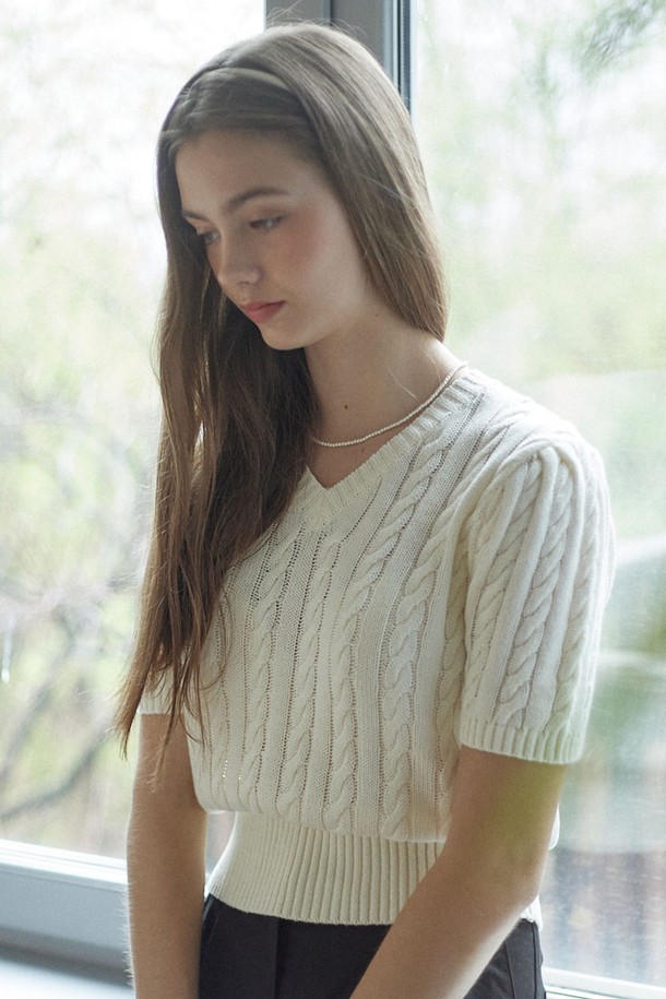 NONLOCAL - 스웨터 - Linen V-neck Cable knit - Ivory