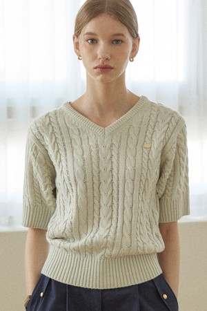 V-neck Cable Half Sleeve Knit - Moss Green