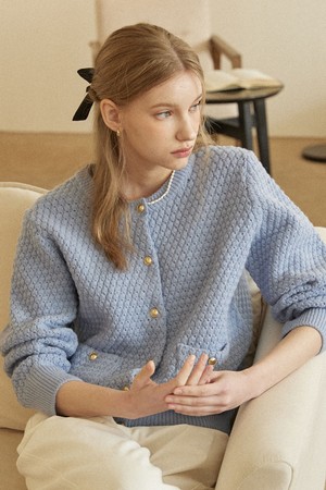 Tweed Goldish Knit Cardigan - Light blue