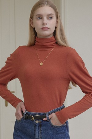 Wool Tencel Volume Sleeve Turtleneck - Orange