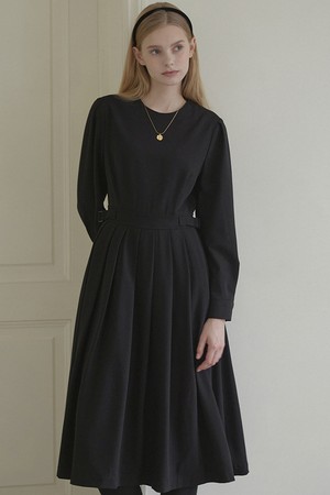 Round Belted Pleats Dress - Black