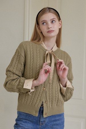 Wool Cable Knit Cardigan - Olive Green