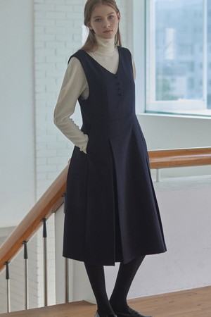 Wool Blend Pleats Dress - Navy