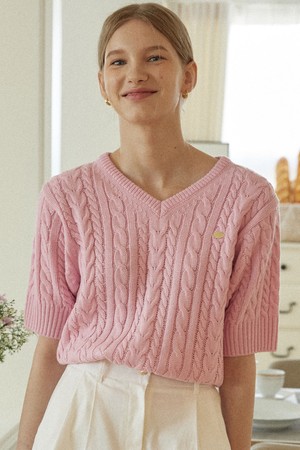 V-neck Cable Half Sleeve Knit - Pink