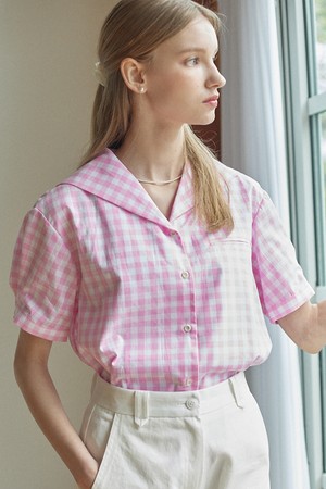 Gingham Marine Collar Shirt - Pink