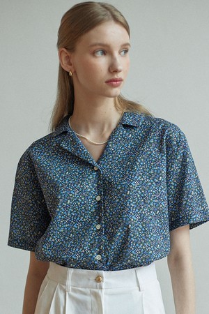 Floral Open Collar Shirt - Navy