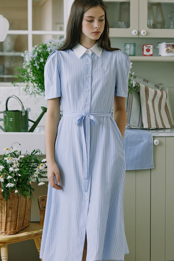 NONLOCAL - 반소매 원피스 - Puff Stripe Shirt Dress - Blue