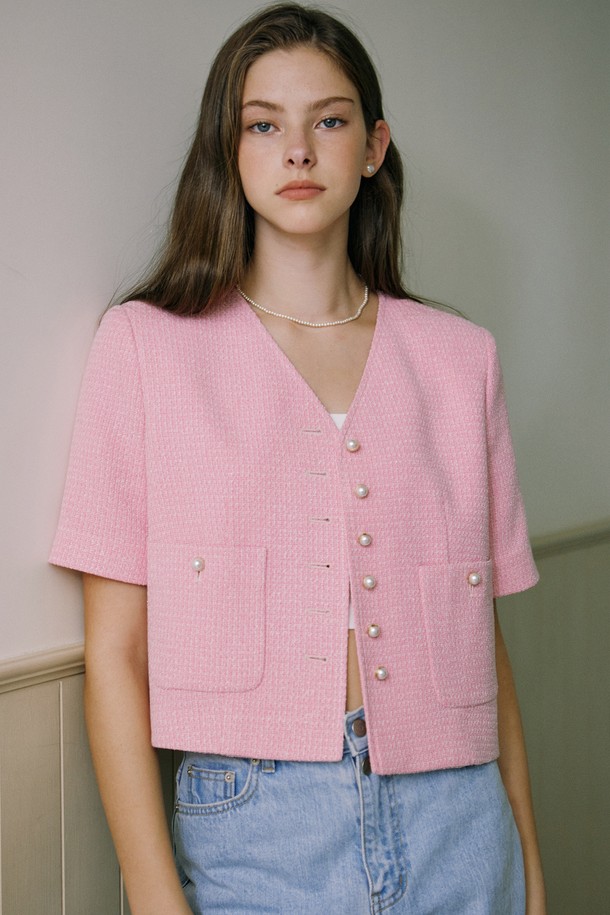 NONLOCAL - 자켓 - V-neck Tweed Half Sleeve Jacket - Pink