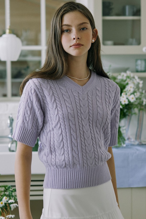 NONLOCAL - 스웨터 - V-neck Cable Half Sleeve Knit - Lavender