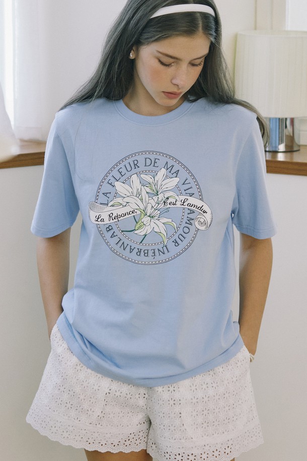 NONLOCAL - 반소매 티셔츠 - Lily Print T-shirt - Light Blue