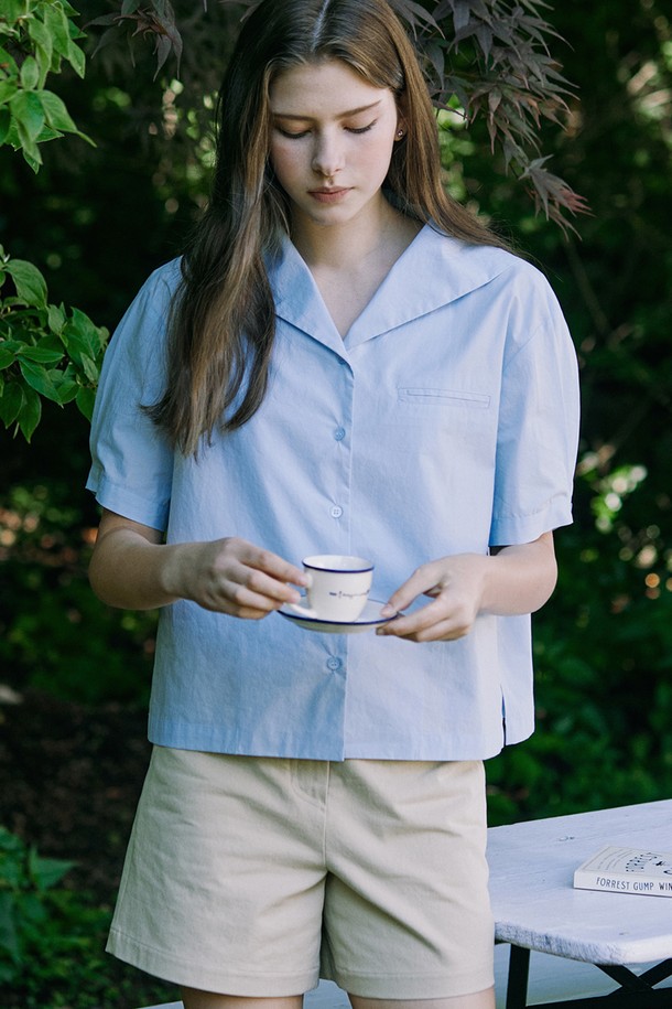 NONLOCAL - 셔츠 - Marine Collar Half-sleeves Shirt - Light Blue