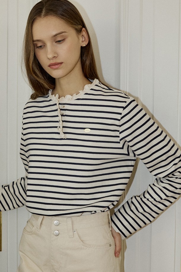 NONLOCAL - 긴소매 티셔츠 - Neck Frill Stripe Long Sleeve - Navy