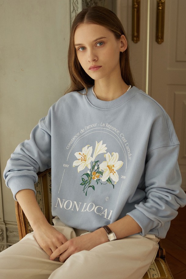 NONLOCAL - 스웻셔츠 - Glasshouse Lily Print Sweatshirt - Sky Blue