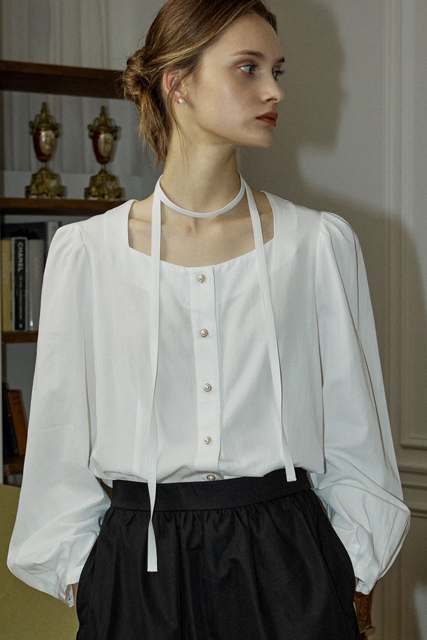 NONLOCAL - 블라우스 - Ribbon Tie Square Neck Blouse - White