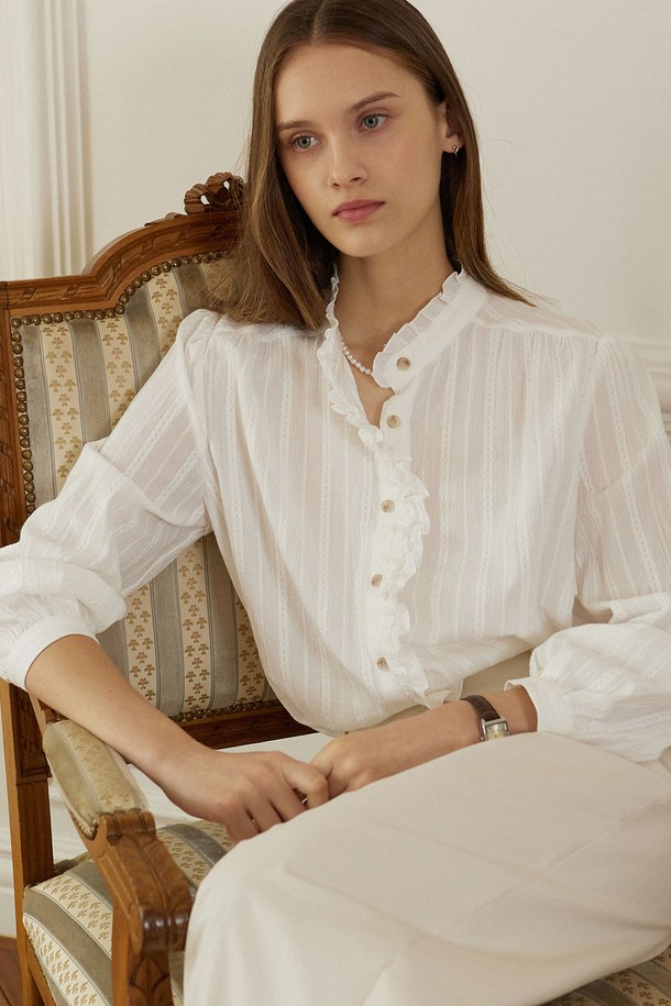 NONLOCAL - 블라우스 - Textured Double Frill Blouse - White