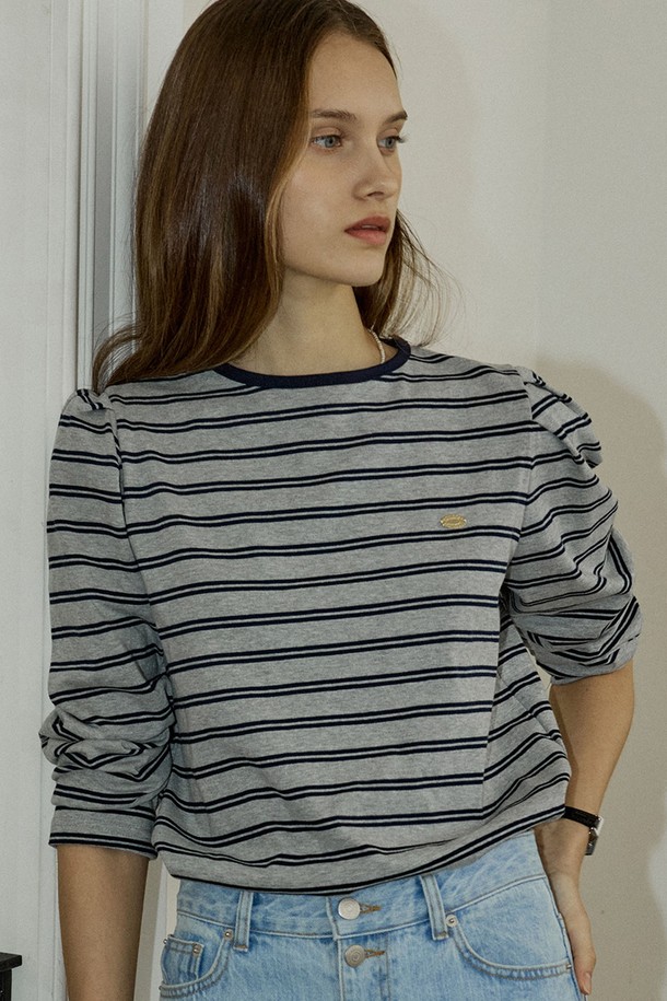 NONLOCAL - 긴소매 티셔츠 - Double Stripe Puff Long Sleeve - Grey