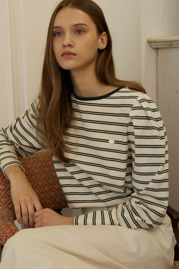 NONLOCAL - 긴소매 티셔츠 - Double Stripe Puff Long Sleeve - Green