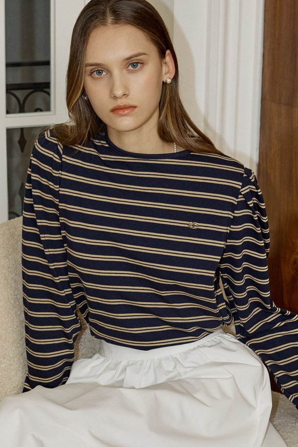 NONLOCAL - 긴소매 티셔츠 - Double Stripe Puff Long Sleeve - Navy