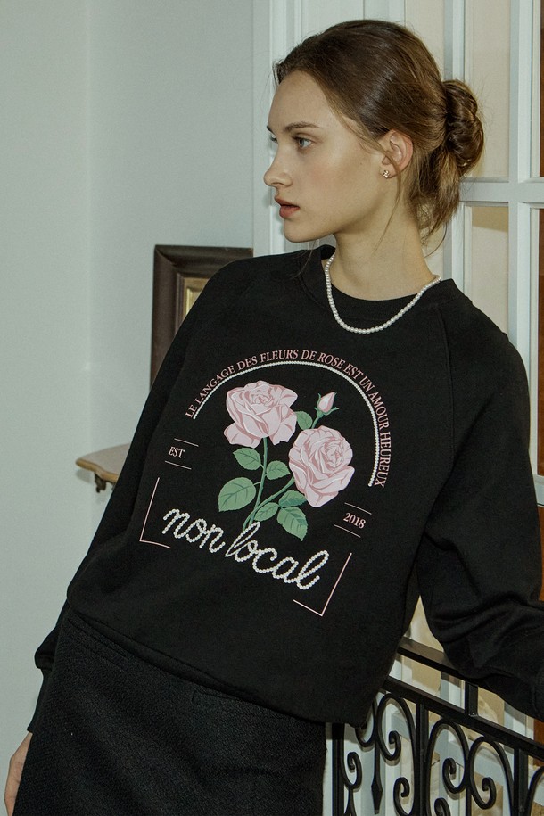 NONLOCAL - 스웻셔츠 - Rose Pearl Print Sweatshirt - Black