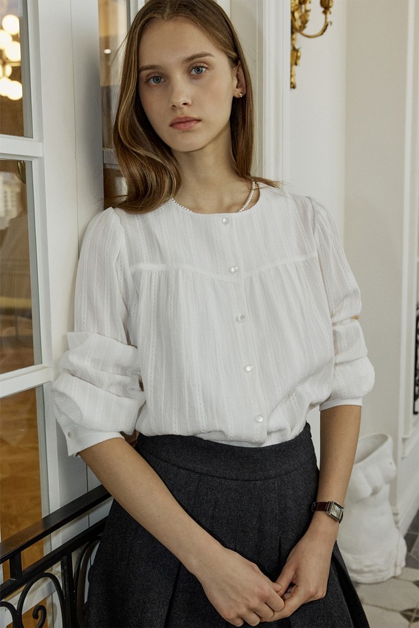 NONLOCAL - 블라우스 - Textured Shirring Blouse - White