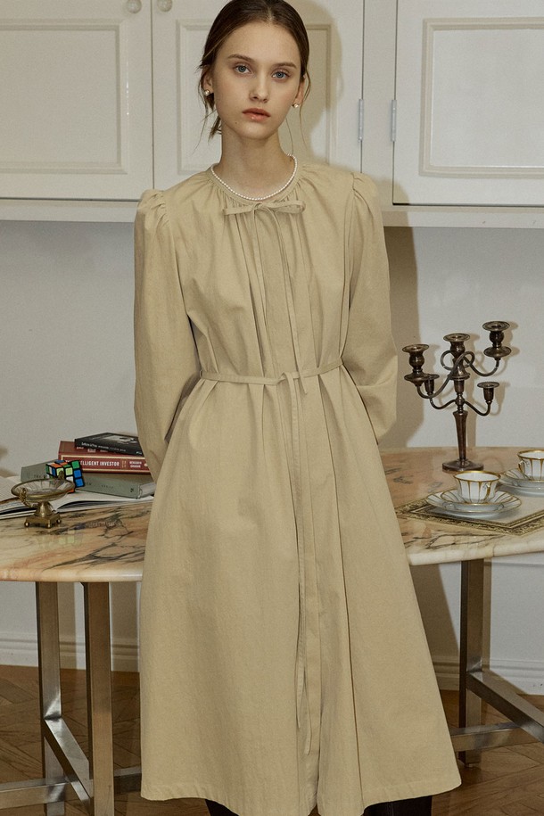 NONLOCAL - 긴소매 원피스 - Ribbon Shirring Two Way Dress - Beige