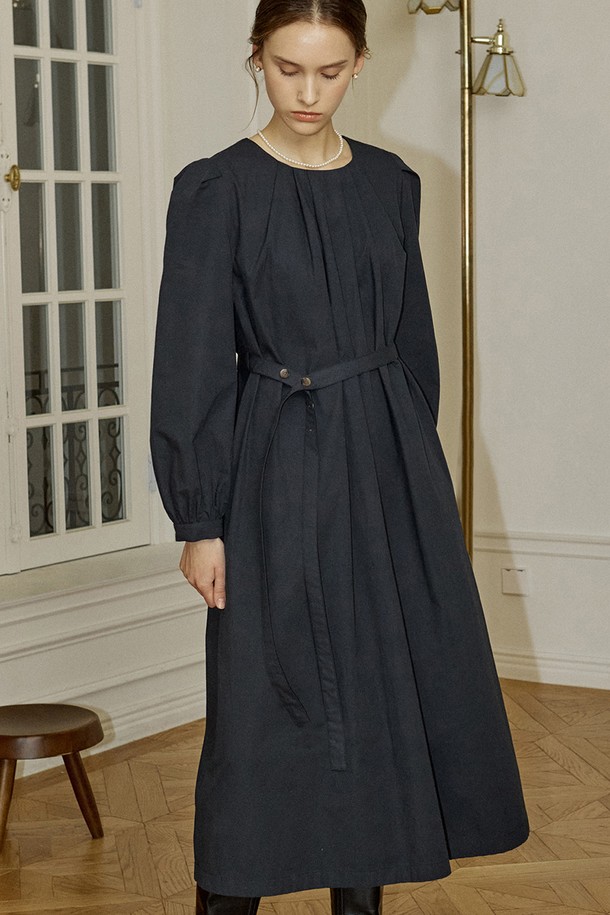 NONLOCAL - 긴소매 원피스 - Round Neck Easy Belt Dress - Navy