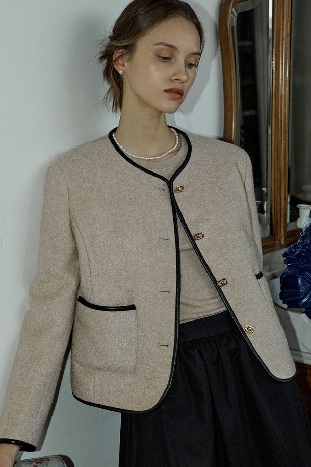 NONLOCAL - 자켓 - Leather Line Point Tweed Jacket - Beige