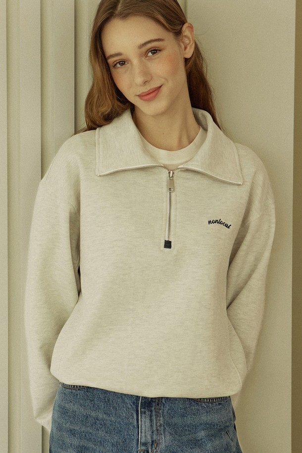 NONLOCAL - 스웻셔츠 - Logo Embroidery Half Zip-up Sweatshirt - Oatmeal