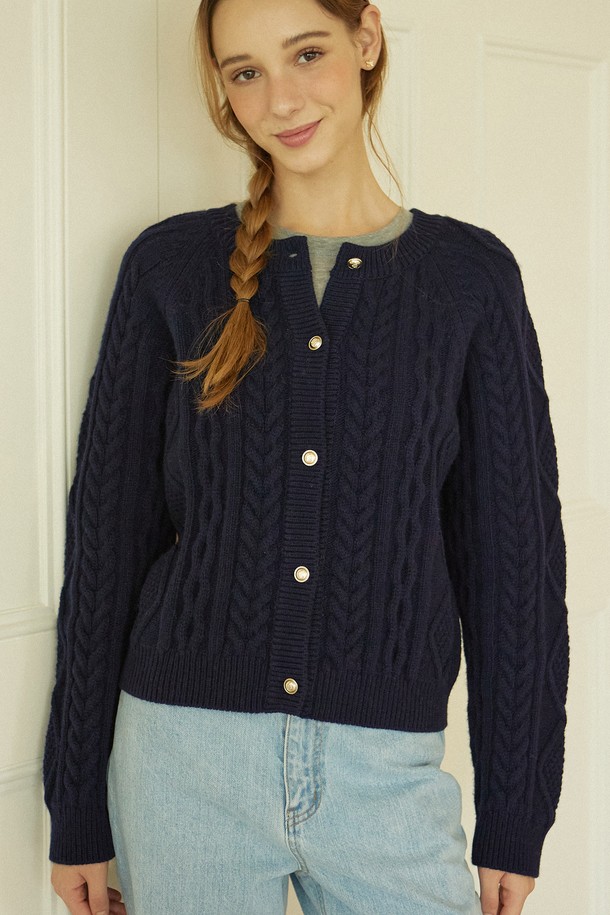 NONLOCAL - 가디건 - Gold Button Cable Wool Knit Cardigan - Navy