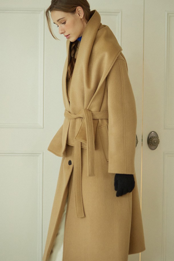 NONLOCAL - 코트 - Muffler Belted Wool Long Coat - Camel