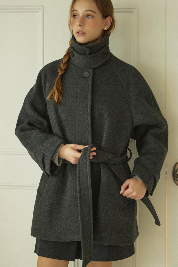 NONLOCAL - 코트 - Raglan Belted Wool Half Coat - Charcoal