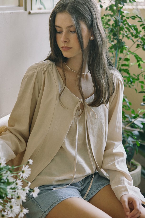NONLOCAL - 블라우스 - Linen Shirring Cardigan - Beige