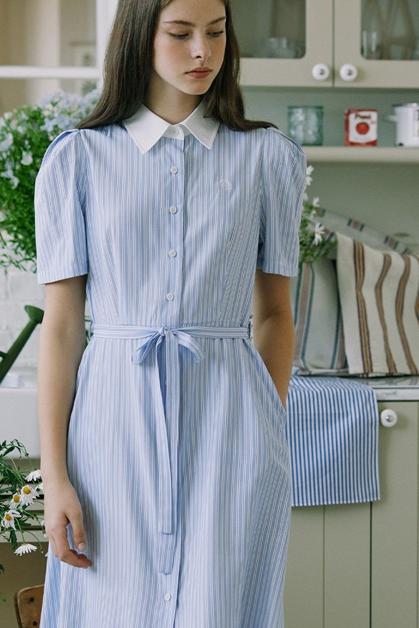 NONLOCAL - 반소매 원피스 - Puff Stripe Shirt Dress - Blue