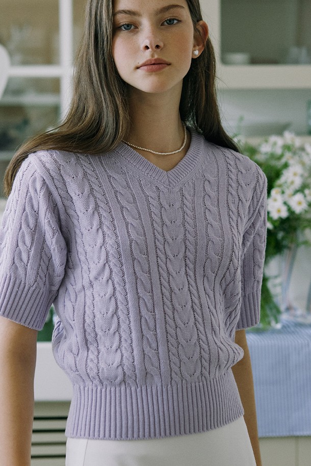 NONLOCAL - 스웨터 - V-neck Cable Half Sleeve Knit - Lavender