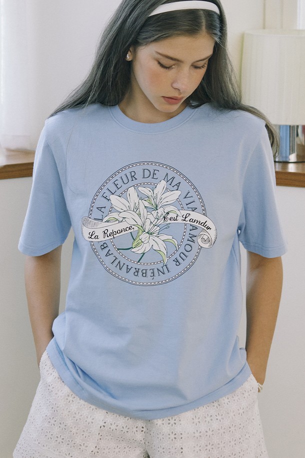 NONLOCAL - 반소매 티셔츠 - Lily Print T-shirt - Light Blue