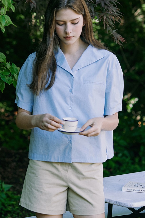 NONLOCAL - 셔츠 - Marine Collar Half-sleeves Shirt - Light Blue