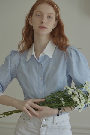 Puff Sleeve Stripe Shirts - Blue