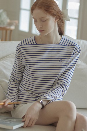 Boat Neck Stripe T-Shirt - Blue