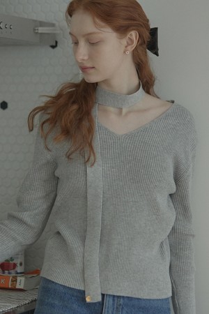 V-Neck Tie Knit - Melange Gery