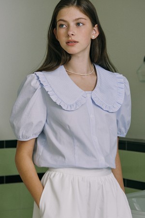 Ruffle Collar Stripe Blouse - Blue