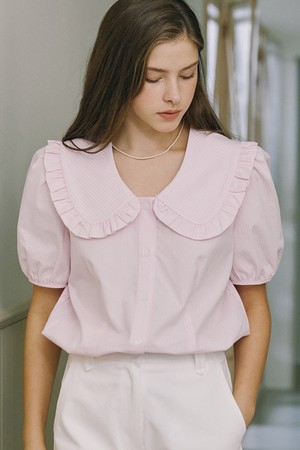 Ruffle Collar Stripe Blouse - Pink