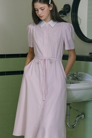 Puff Stripe Shirt Dress - Pink