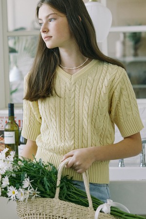 V-neck Cable Half Sleeve Knit - Butter Yellow