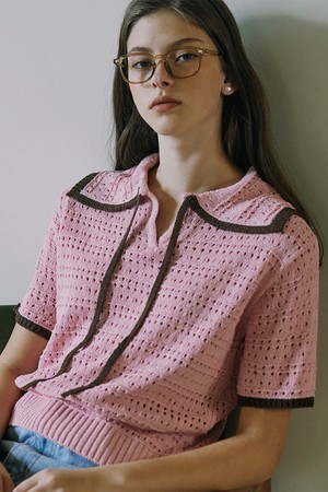 Crochet Trimmed Knit Top - Pink