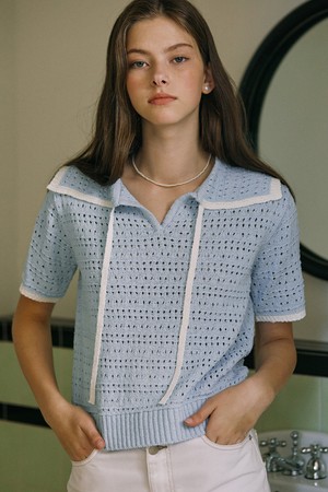 Crochet Trimmed Knit Top - Sky Blue