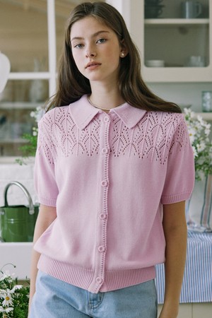 Crochet Collar Cardigan - Pink