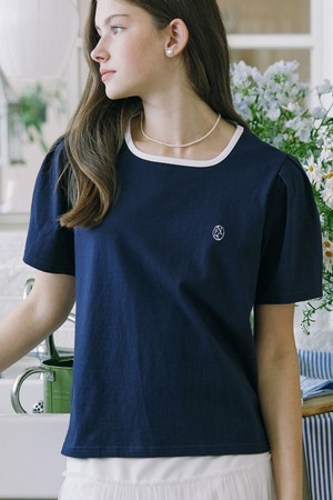 Neckline Puff Sleeve T-shirt - Navy