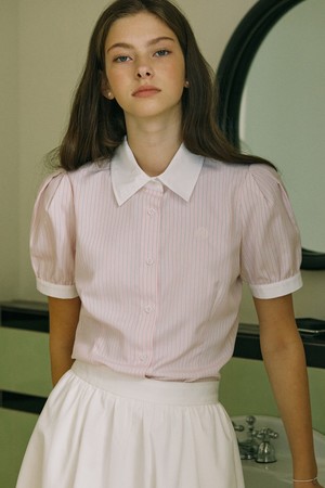 Puff Half Sleeve Stripe Shirt - Pink